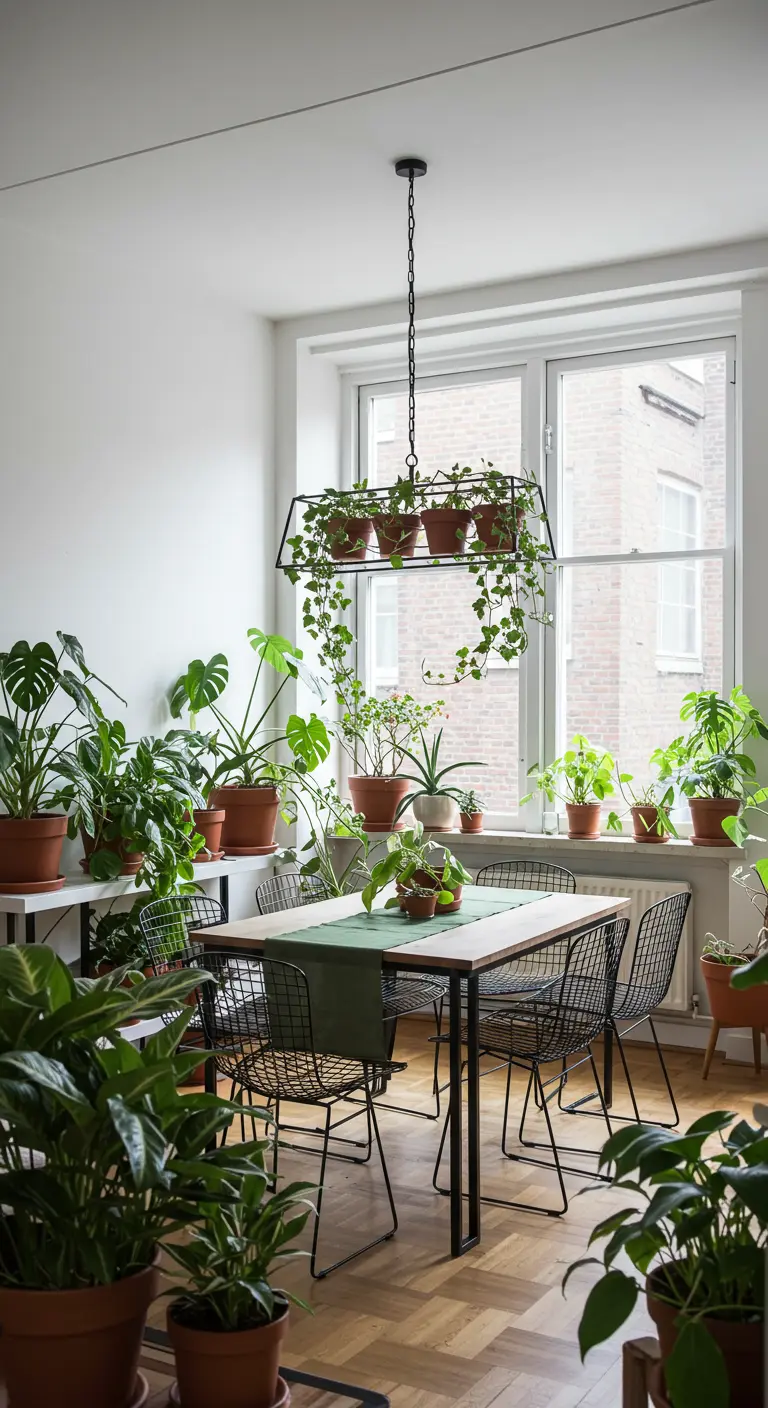 Comedor lleno de plantas con una lámpara-jardinera colgante sobre la mesa.