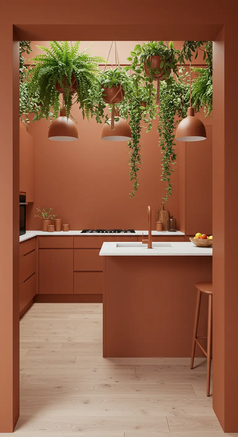 Cocina completamente terracota con un tragaluz y muchas plantas colgantes.