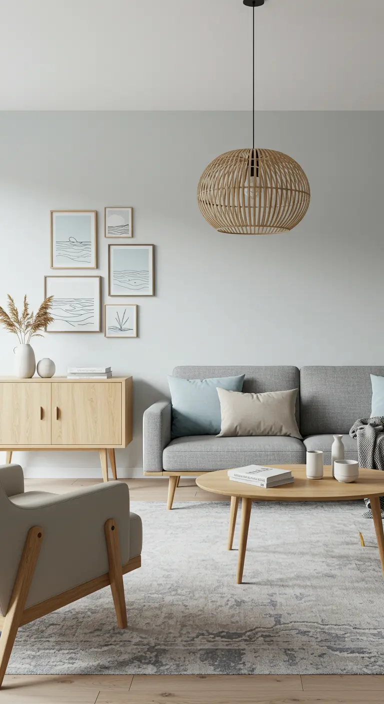 Sala de estar de estilo escandinavo con una galería de cuadros minimalistas de paisajes marinos.