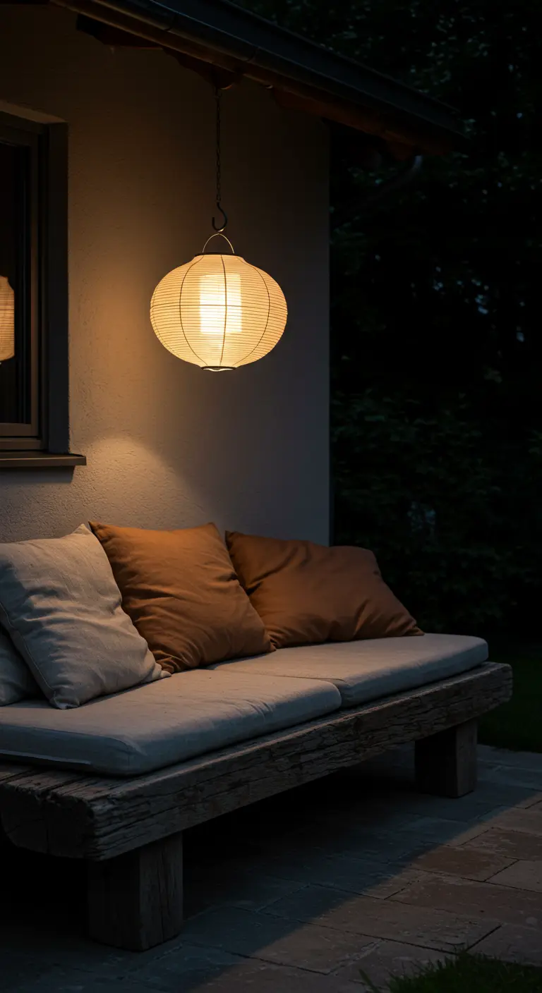 Banco rústico de traviesa de madera con cojines y una lámpara de papel esférica colgada en la pared.