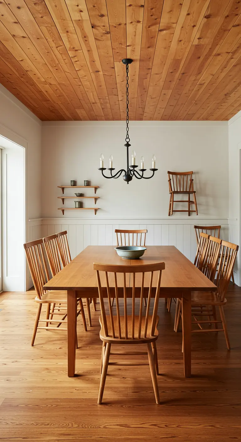 Comedor de estilo Shaker con techo de madera natural y muebles sencillos de madera
