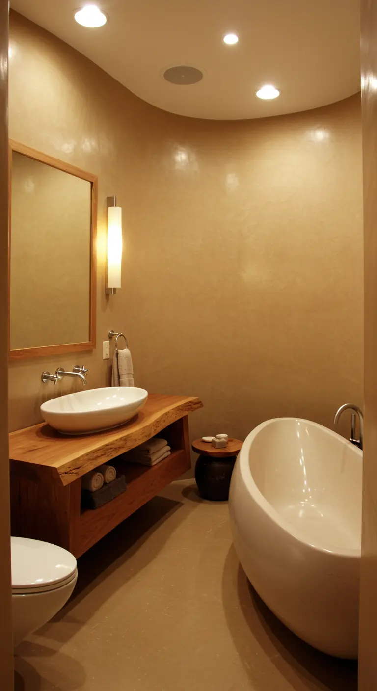 Baño con paredes curvas, encimera de madera de borde vivo y bañera ovalada