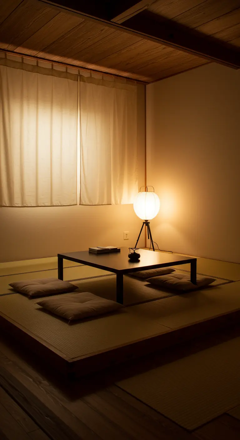 Espacio de lectura minimalista de estilo japonés con tatami, mesa baja y lámpara de papel