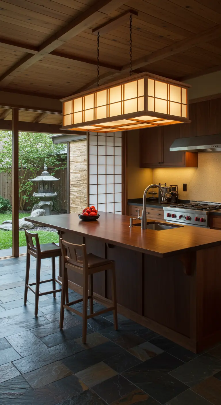 Cocina de inspiración japonesa con una gran lámpara colgante rectangular de madera y papel.