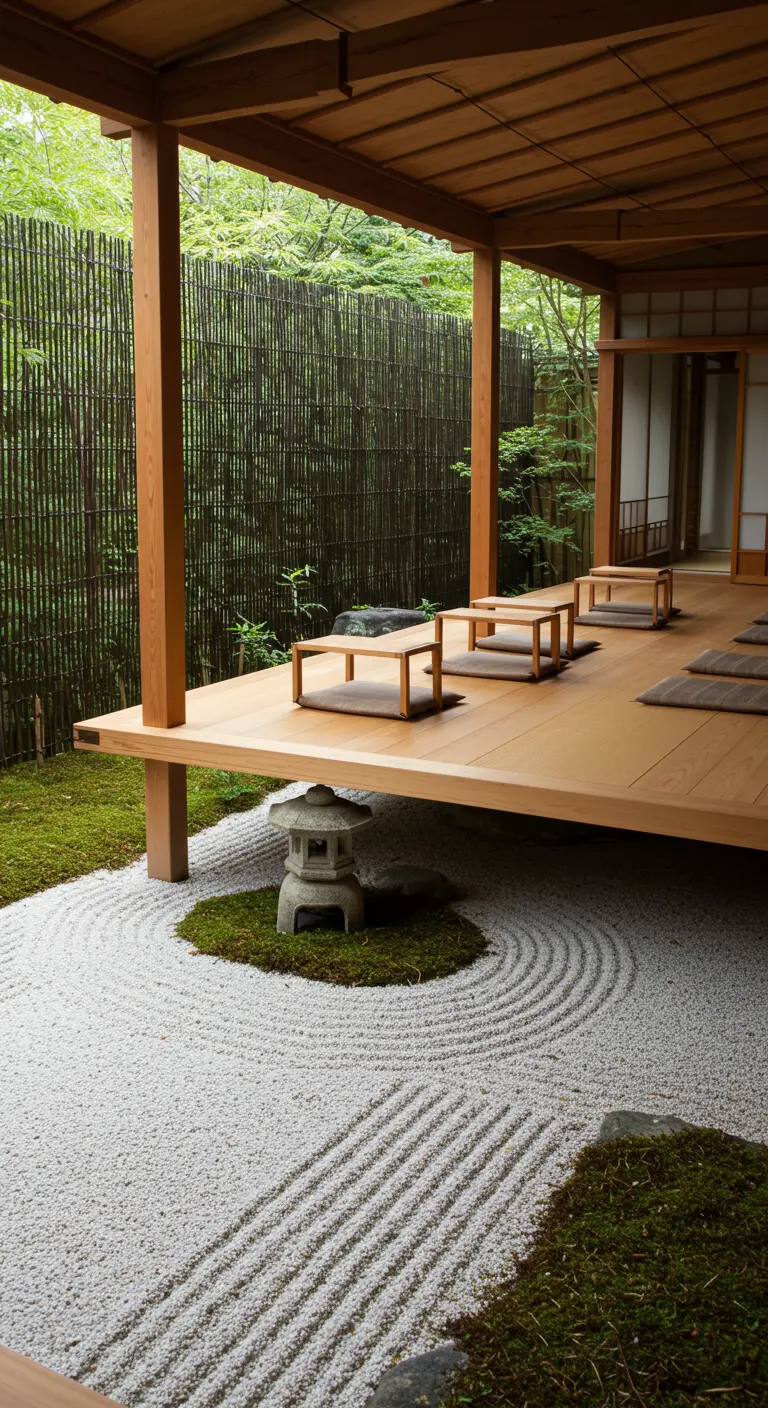 Terraza de madera elevada junto a un jardín seco japonés con arena rastrillada y una linterna de piedra.