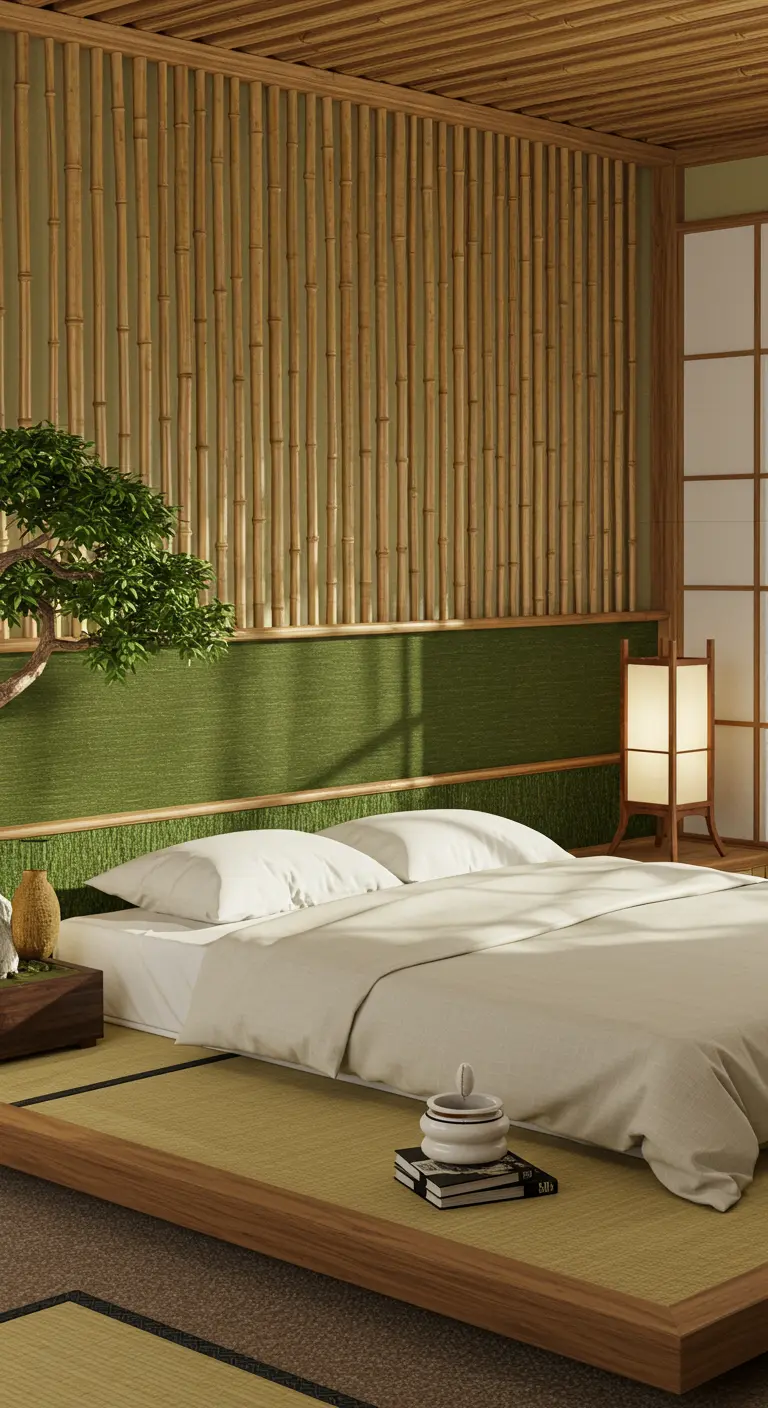 Pared detrás de la cama cubierta con cañas de bambú verticales, creando una cabecera natural.