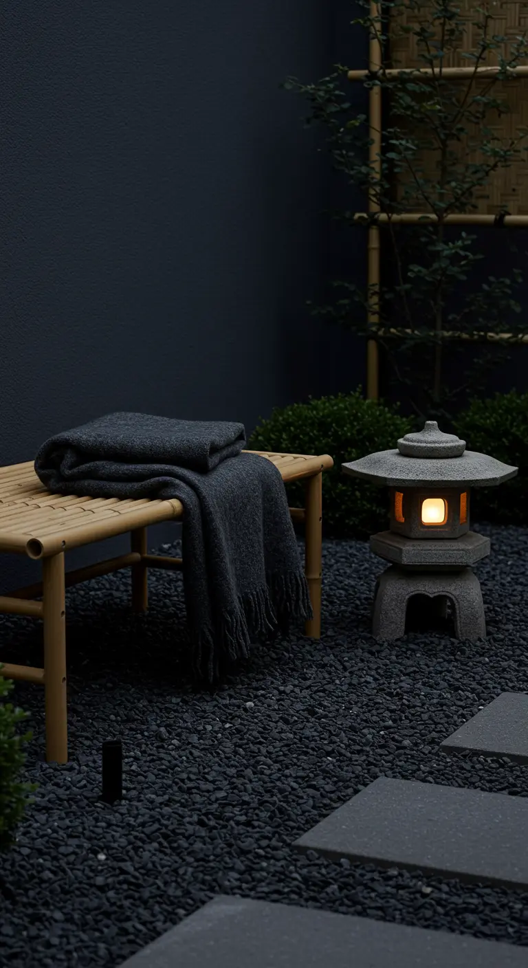 Jardín de estilo japonés con grava negra, un banco de bambú con una manta gris y un farol de piedra.