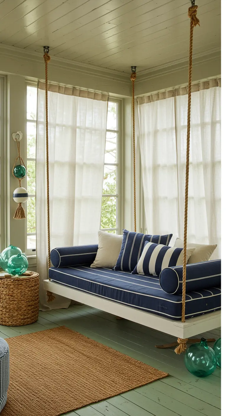 Cama colgante de estilo náutico en un porche cerrado con cojines de rayas azules y blancas.