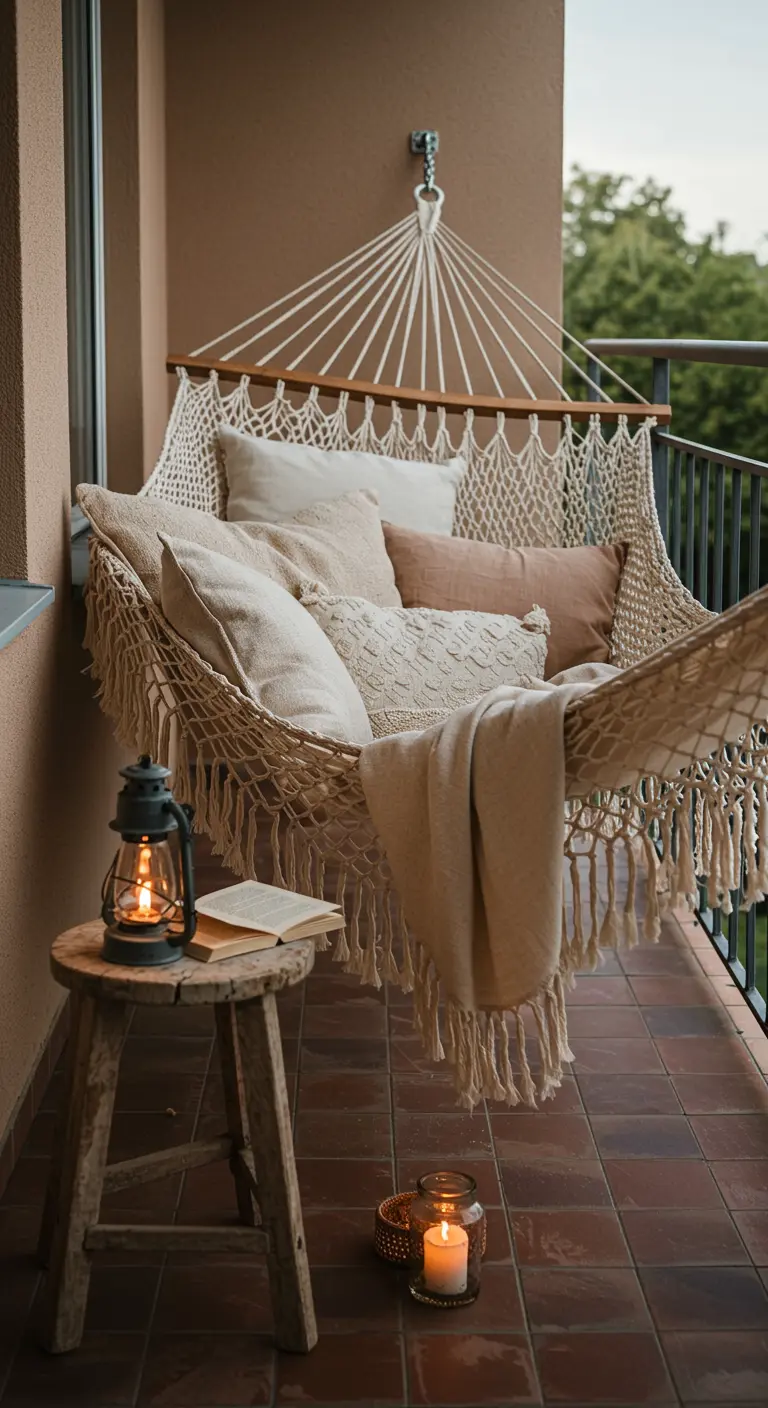 Hamaca de macramé en un balcón, llena de cojines, junto a un taburete con un libro y un farol.