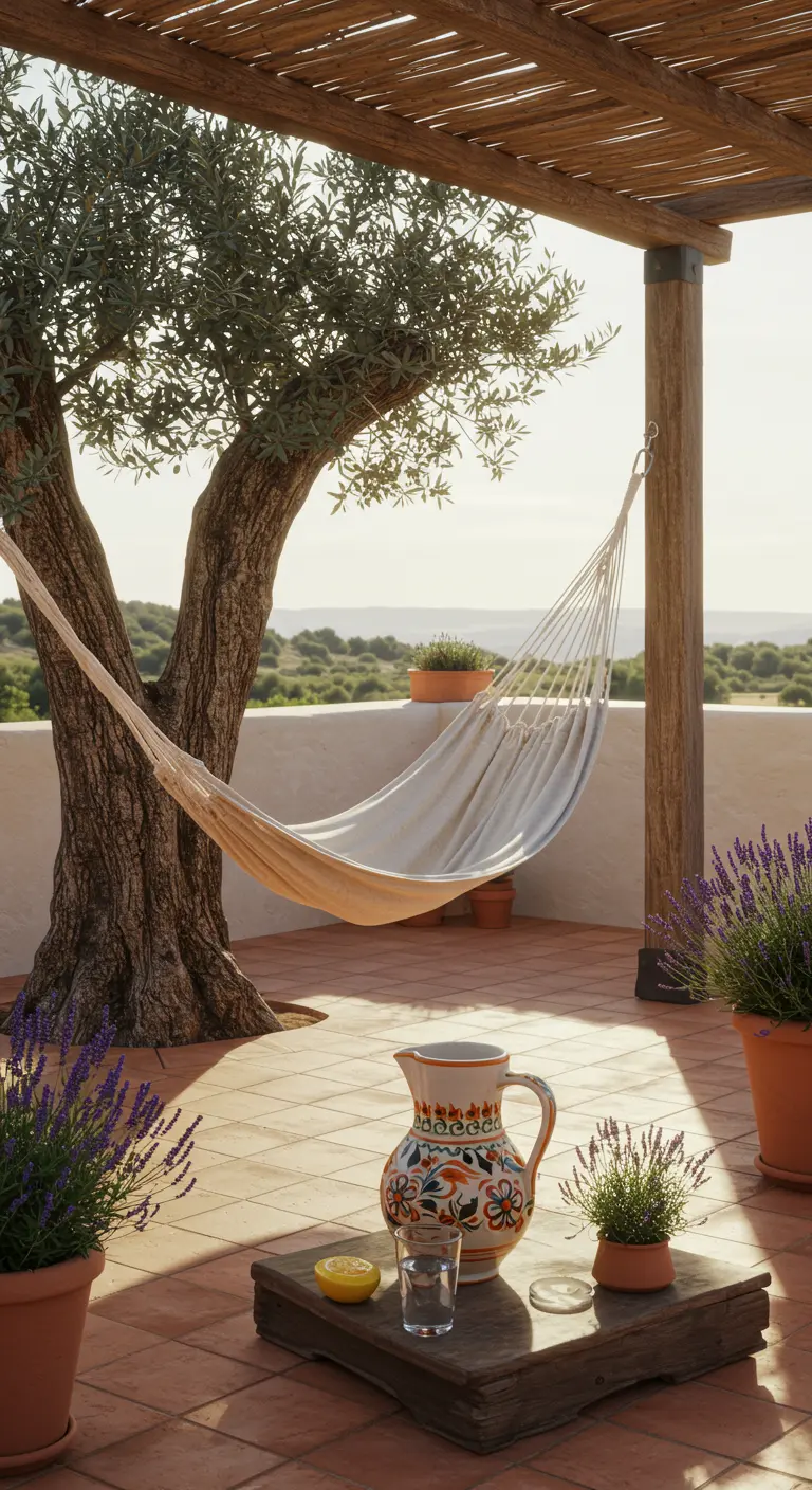 Hamaca de tela cruda colgada bajo una pérgola de madera, junto a un olivo y macetas de lavanda.