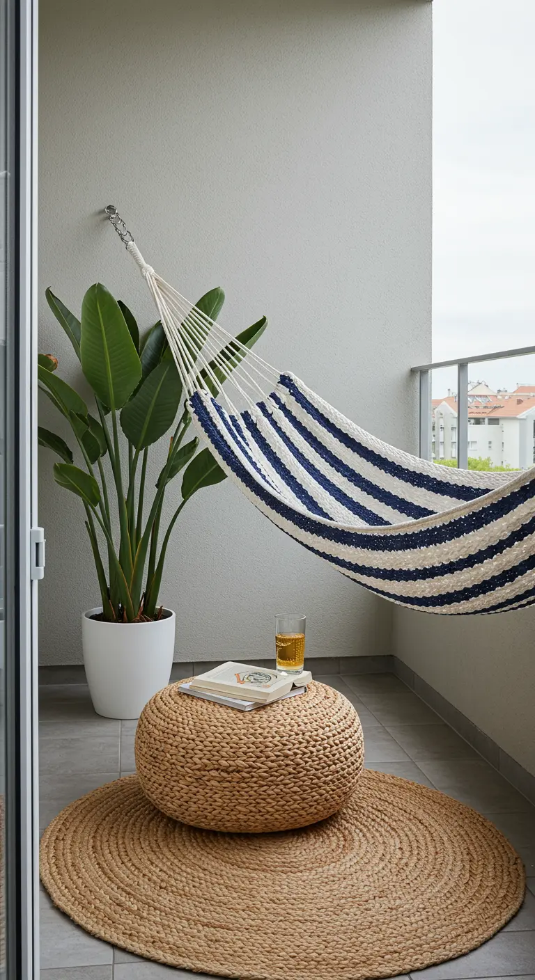 Hamaca de rayas azules y blancas colgada en un balcón minimalista con una planta grande y un puf de yute.