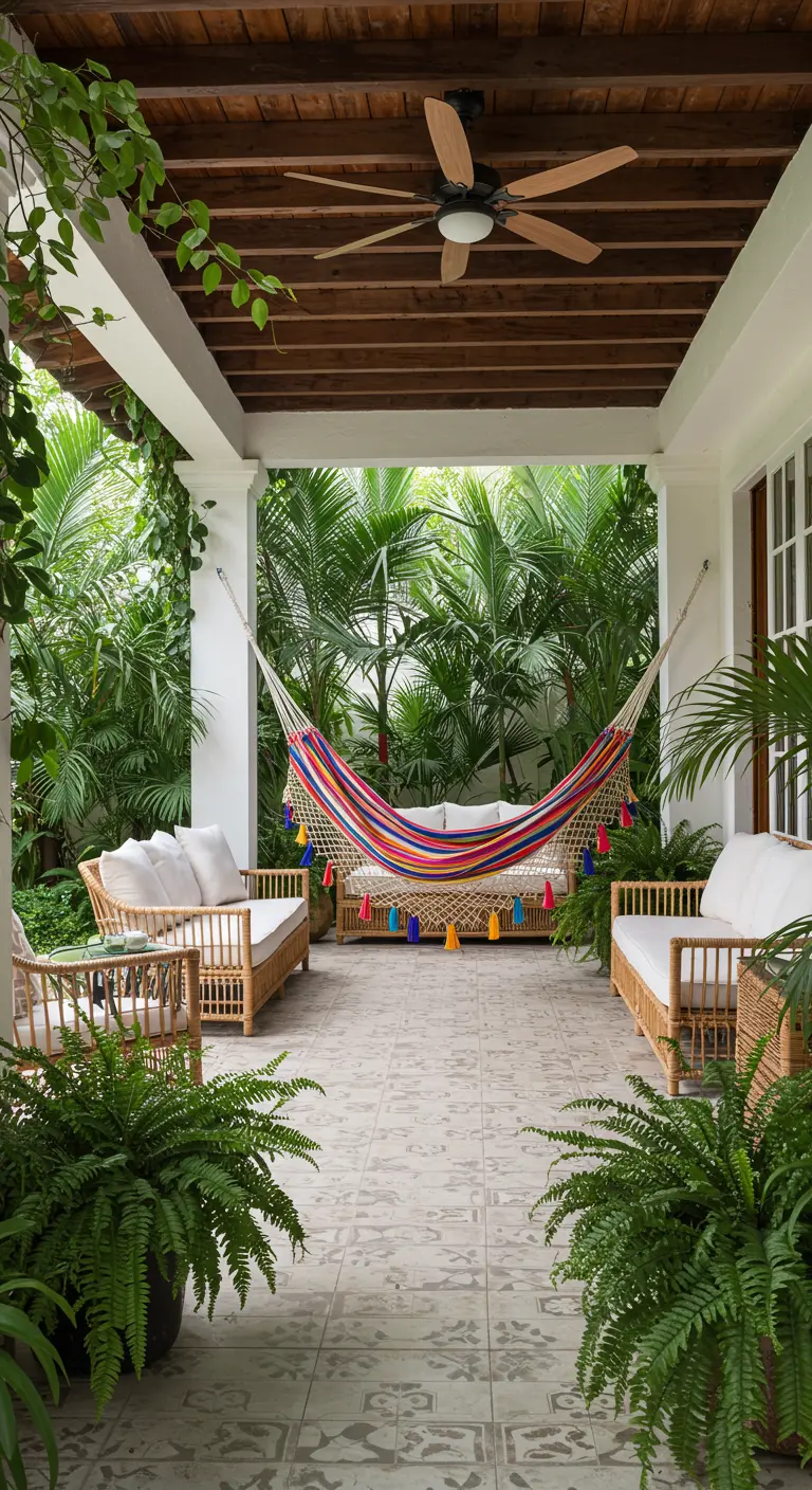 Porche tropical con hamaca de colores, muebles de ratán y abundante vegetación exuberante.