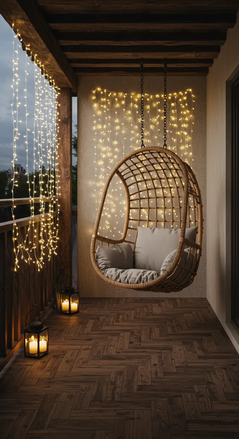 Balcón con una silla colgante de mimbre iluminada por detrás con una cortina de luces cálidas