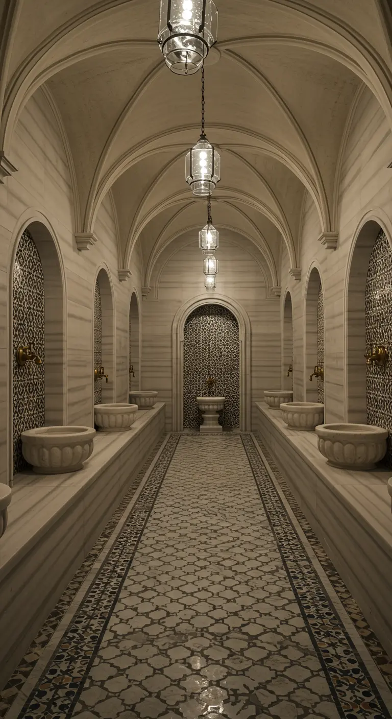 Largo pasillo de hammam con lavabos simétricos, arcos y un suelo de mosaico detallado