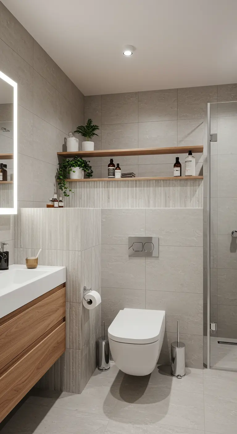 Baño con estantes flotantes de madera sobre el inodoro, con plantas y jabones.