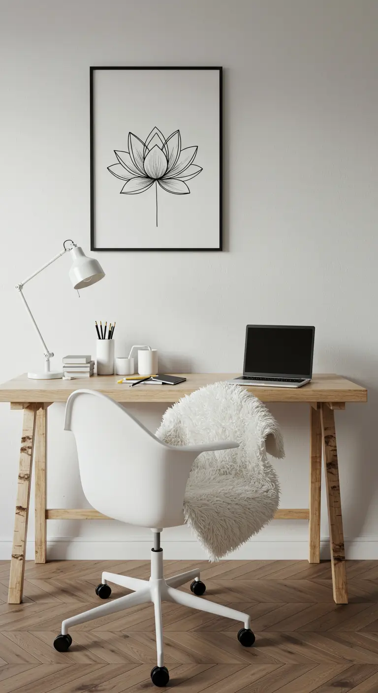 Escritorio minimalista de madera con silla blanca y un cuadro con el dibujo de una flor de loto.