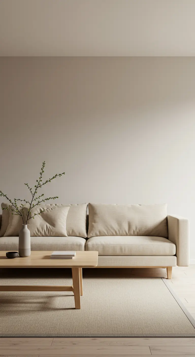 Sofá beige minimalista con una mesa de centro de madera y un jarrón con una rama verde