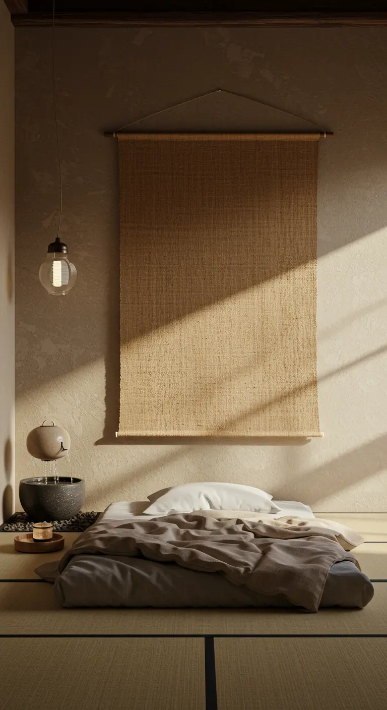 Un simple y gran tapiz de arpillera cuelga en la pared de un dormitorio de estilo zen.