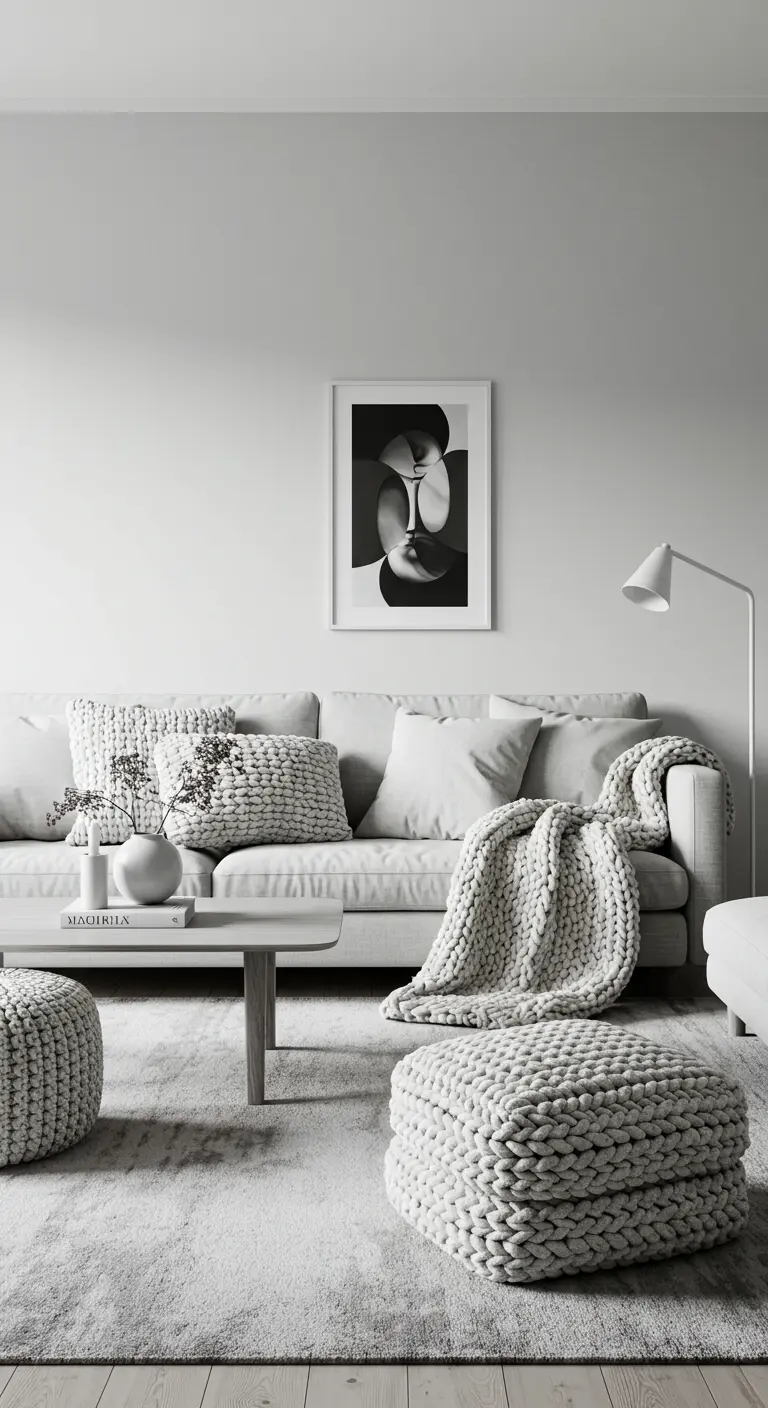 Salón blanco y gris claro con sofá, pufs y manta, todo con texturas de punto grueso.