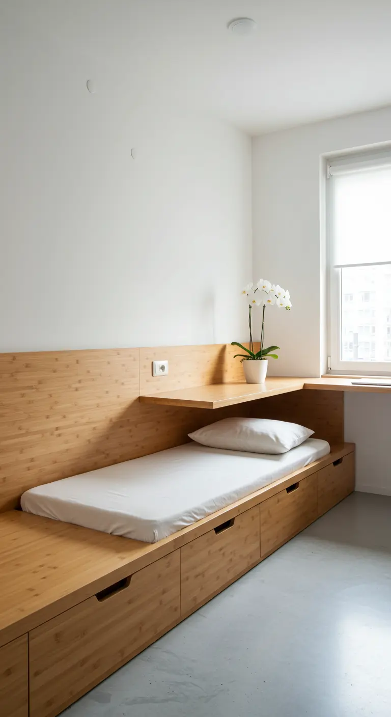 Cama individual de madera integrada en una estructura con cajones y estantería.