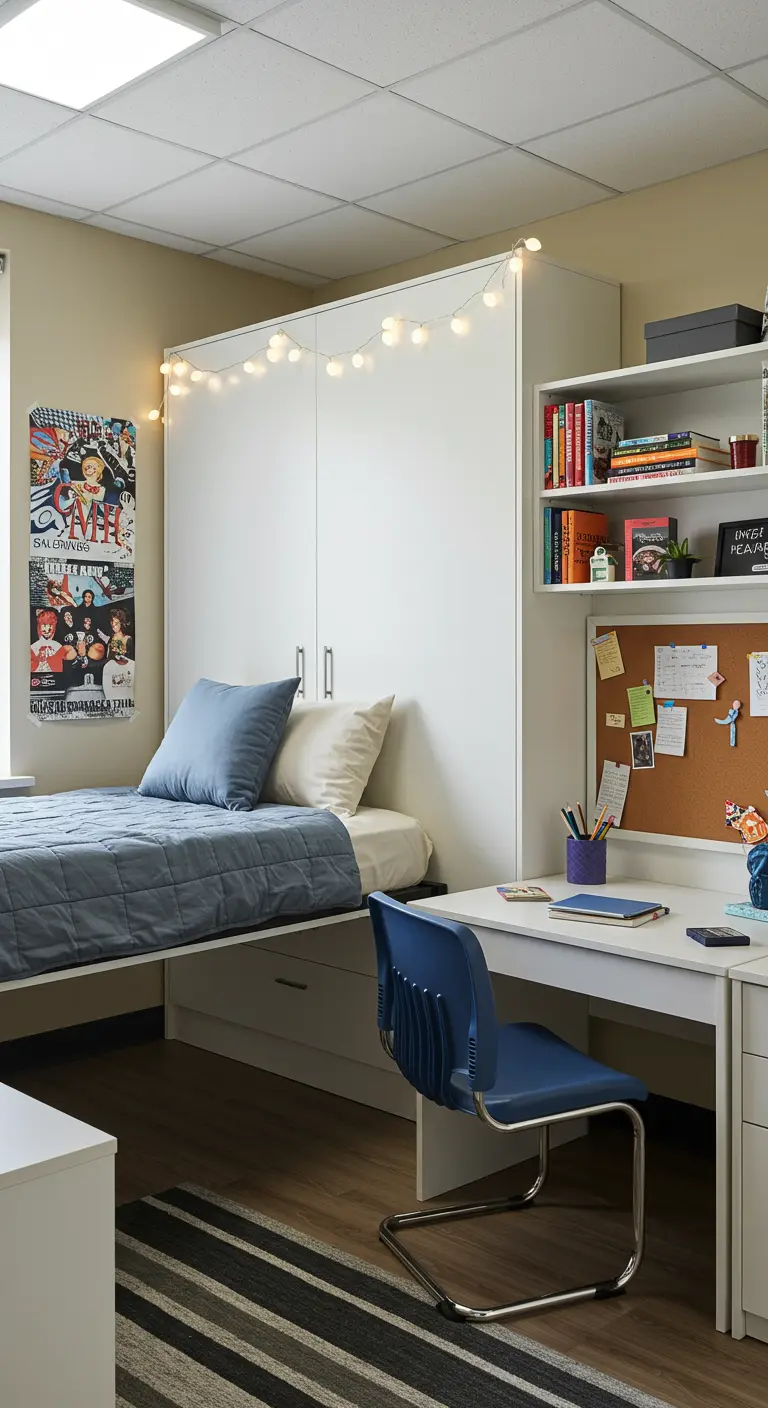 Habitación de estudiante con cama abatible horizontal, escritorio, y un panel de corcho en la pared.