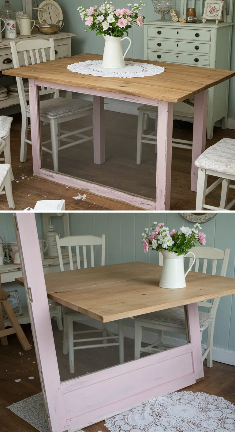 Pequeña mesa de comedor plegable hecha con media puerta pintada de rosa en un espacio reducido.