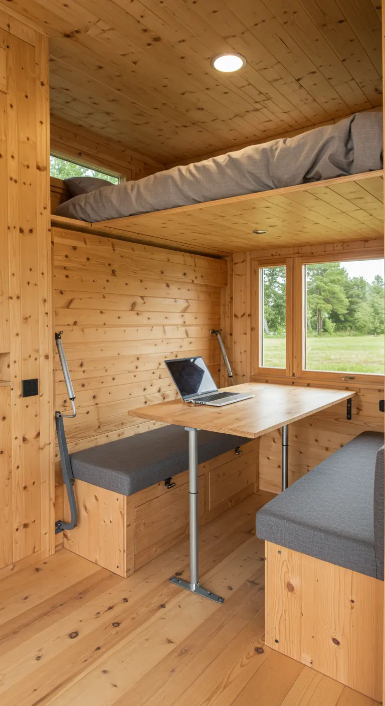 Interior de una cabaña de madera con una mesa y bancos que se pueden convertir en cama.