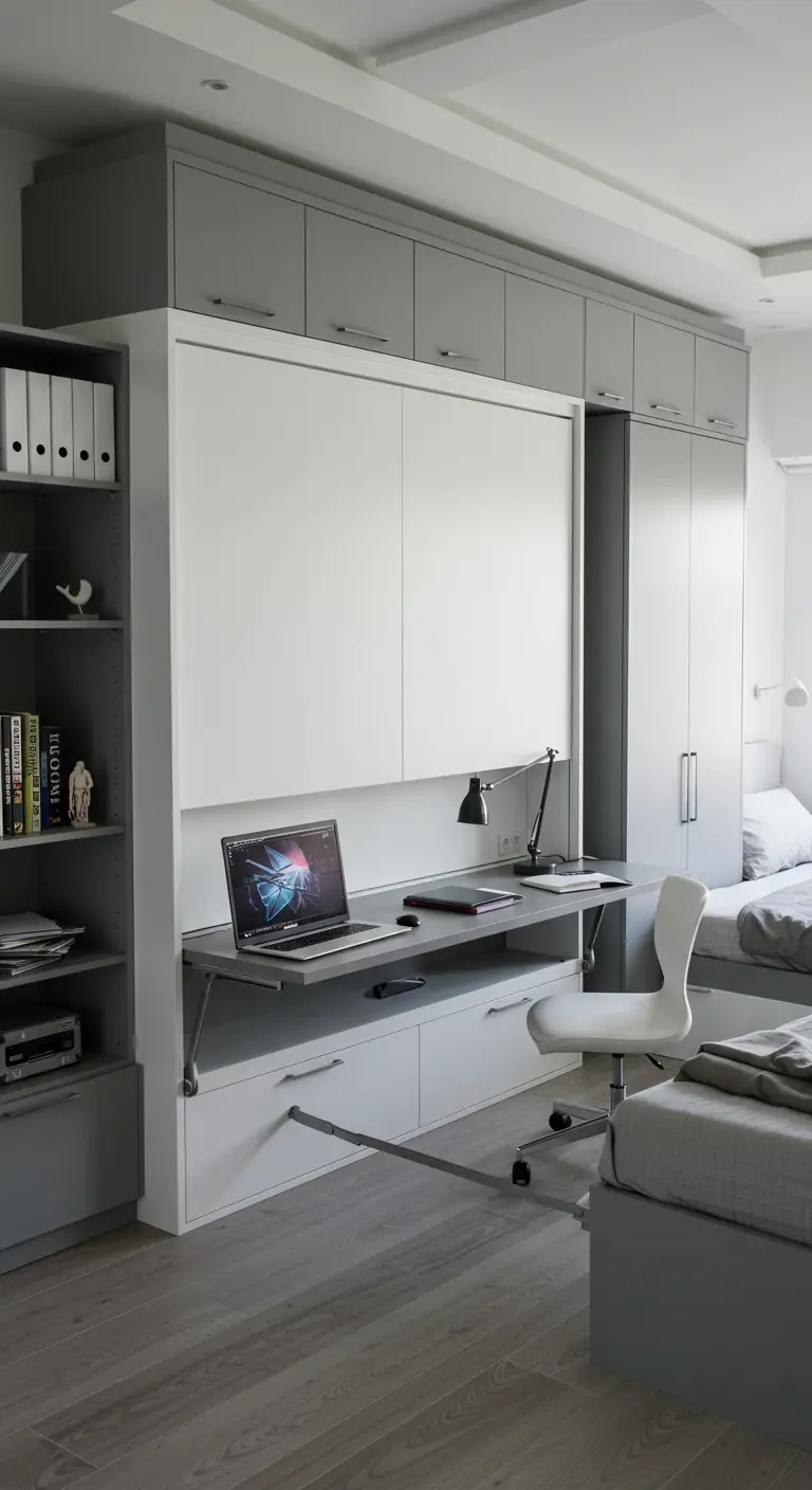 Habitación con dos camas y un mueble central gris y blanco con cama y escritorio abatibles.