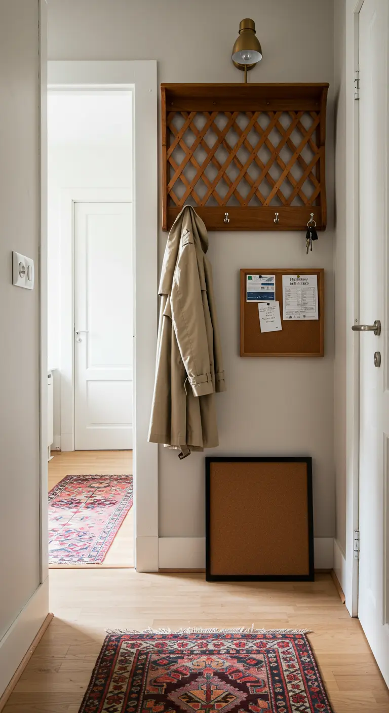 Pasillo estrecho con un perchero de pared de madera y un pequeño tablero de corcho debajo.
