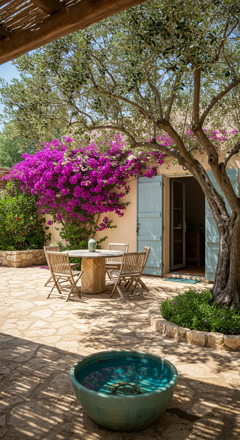 Comedor exterior bajo la sombra de un olivo, con una mesa de piedra y sillas de madera.