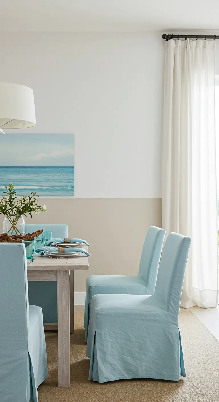 Comedor de estilo costero con pared pintada en beige claro y sillas con fundas azul cielo.