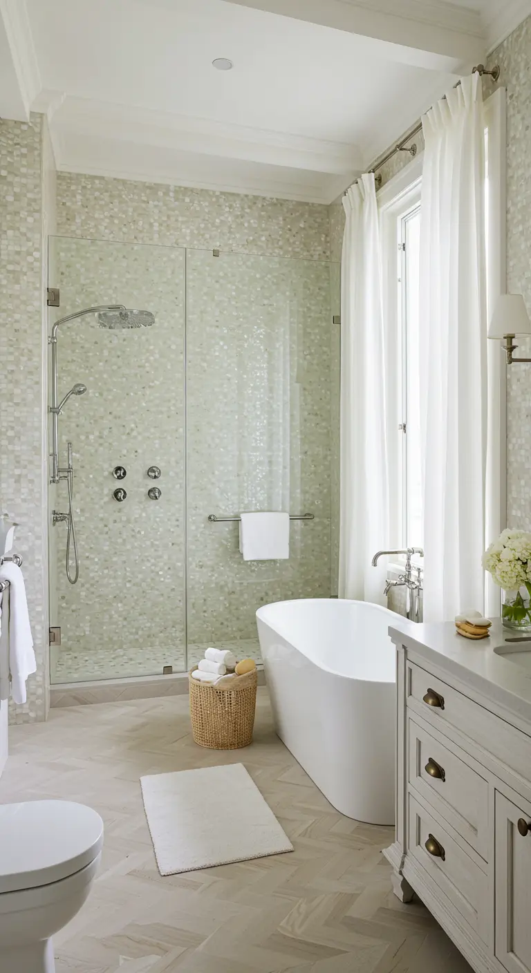 Baño luminoso con azulejos de mosaico nacarado, cortinas blancas largas y bañera exenta.