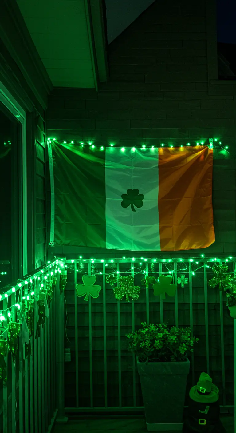 Balcón completamente iluminado con luces LED verdes para el Día de San Patricio, con una bandera irlandesa.