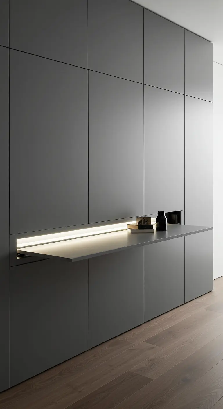 Pared de armarios grises con una sección central abatible que forma un escritorio iluminado.