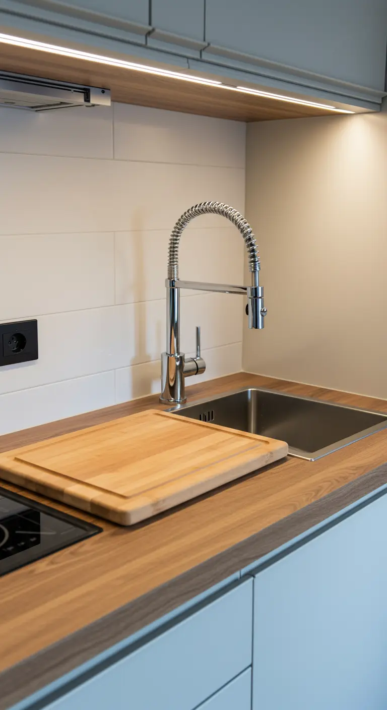 Tabla de cortar de madera colocada sobre el fregadero de la cocina.