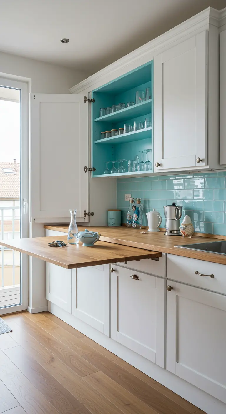 Superficie de madera extraíble bajo la encimera de una cocina blanca y azul turquesa.