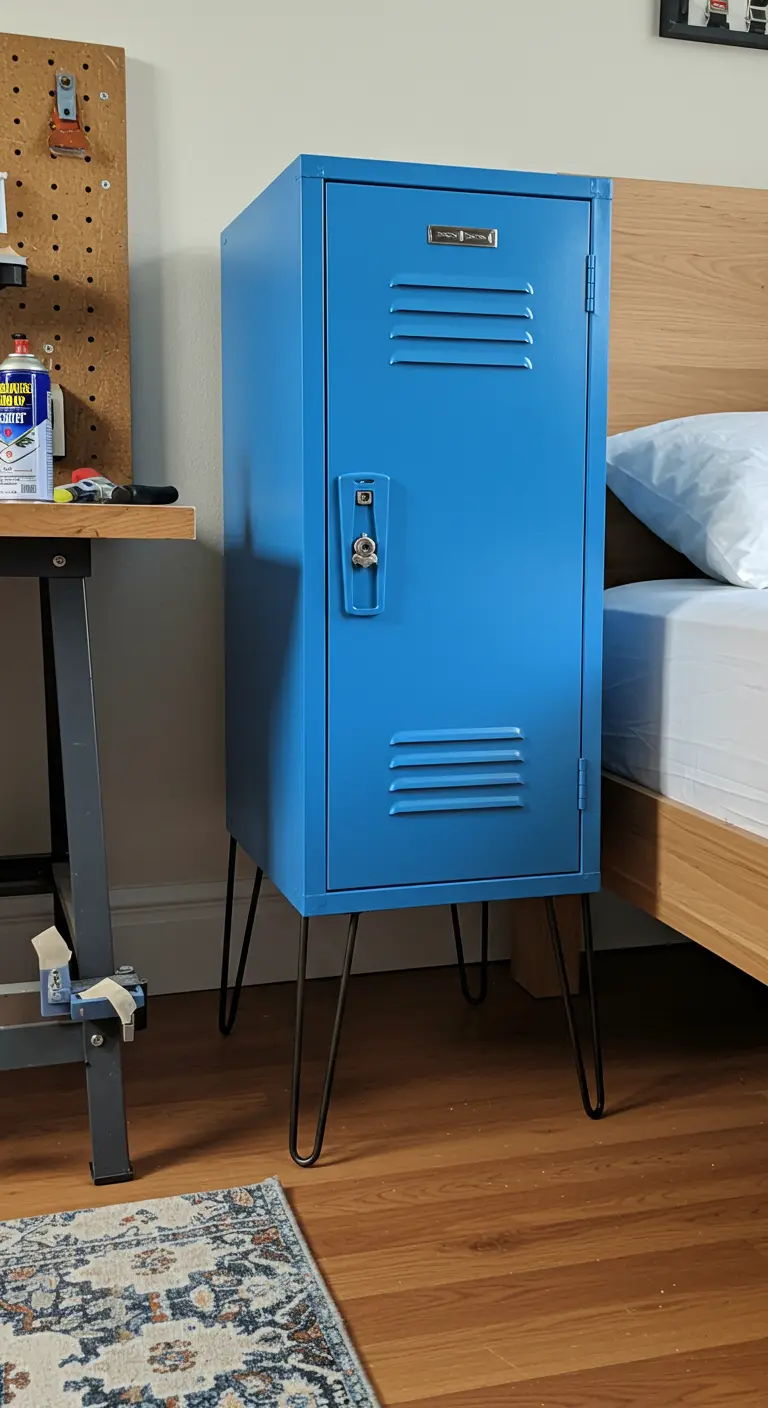 Mesita de noche hecha con una taquilla metálica azul montada sobre patas de horquilla negras.