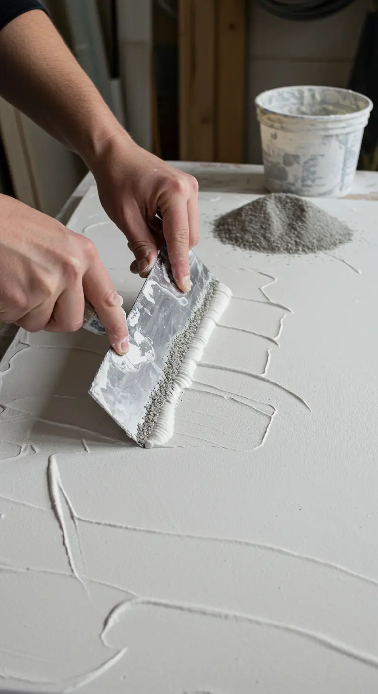 Manos aplicando una mezcla de yeso y arena sobre un lienzo blanco con una llana dentada