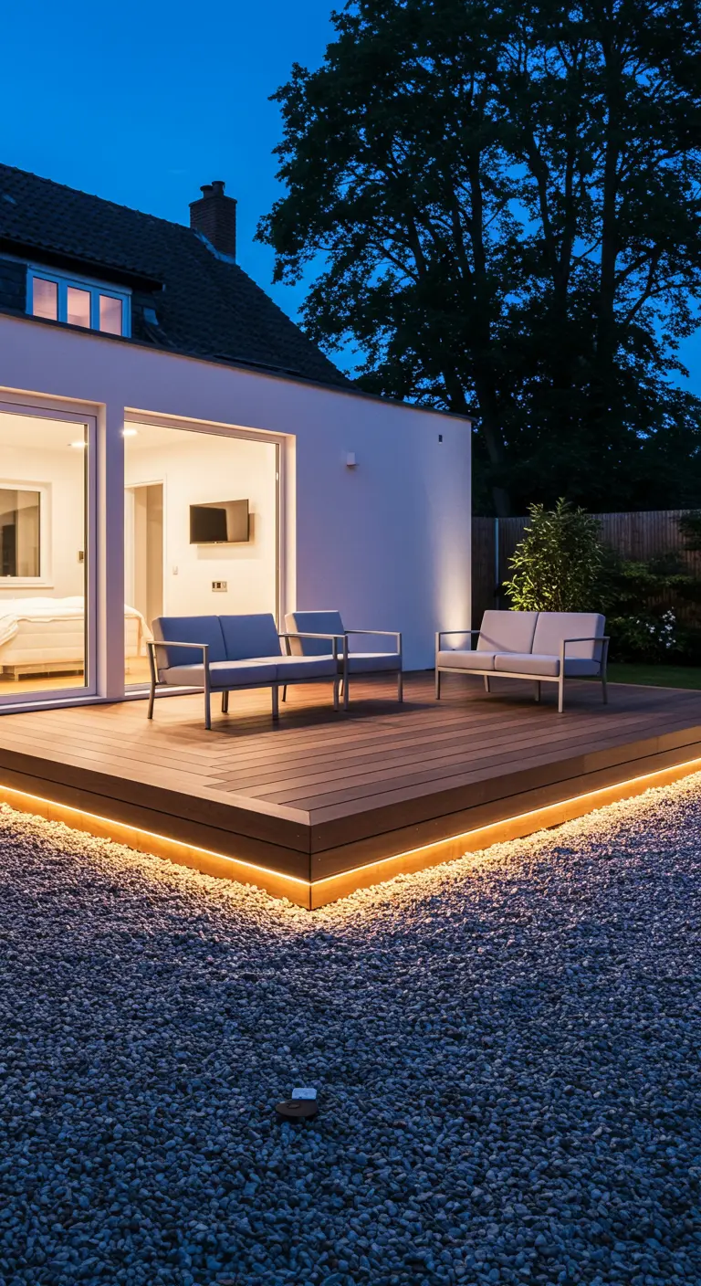 Terraza de madera elevada iluminada en todo su perímetro inferior con una tira de luz cálida.
