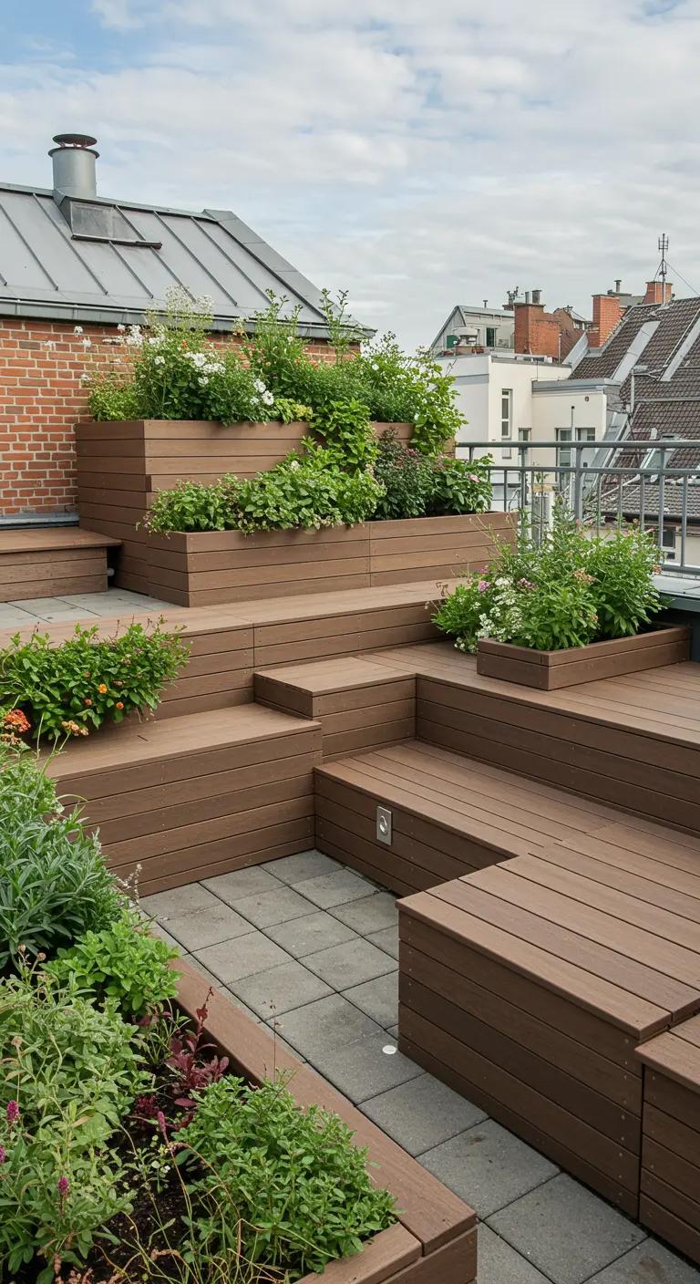 Terraza en una azotea con jardineras y bancos modulares de madera sintética en varios niveles.