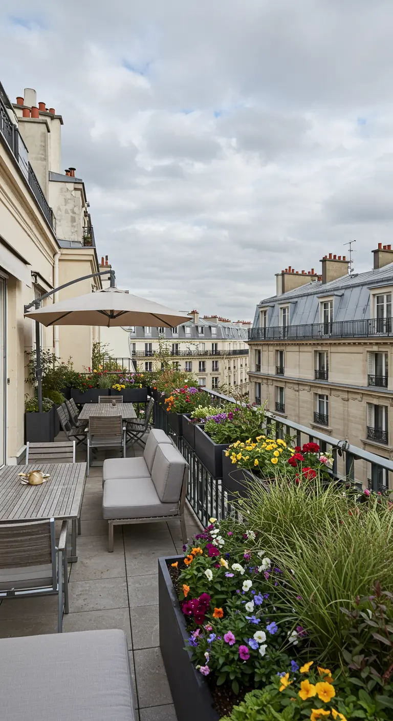 Amplia terraza parisina con un sofá modular, mesas de comedor y grandes jardineras con flores.