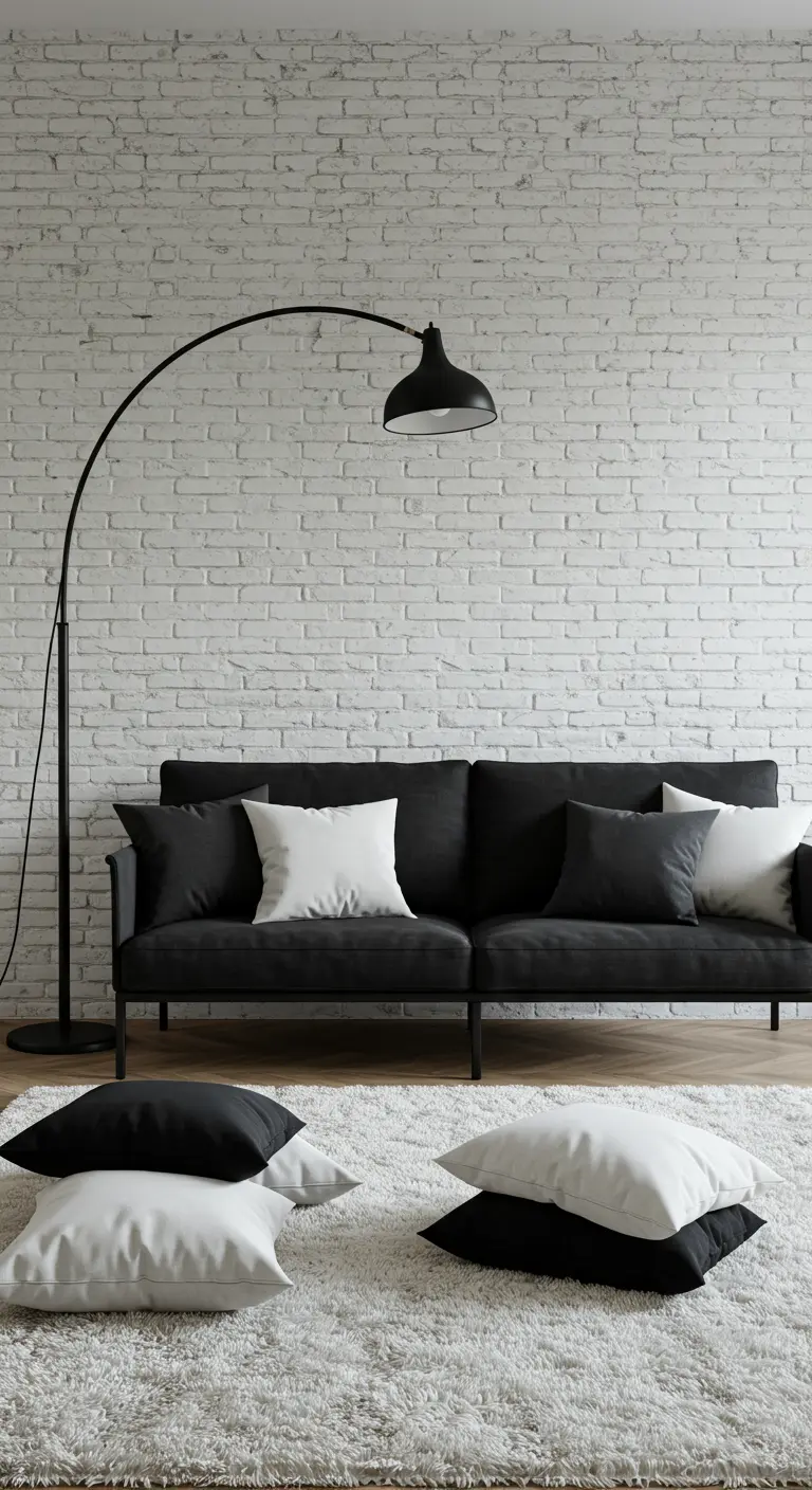 Pared de ladrillo blanco detrás de un sofá negro, con una alfombra mullida y una lámpara de arco.