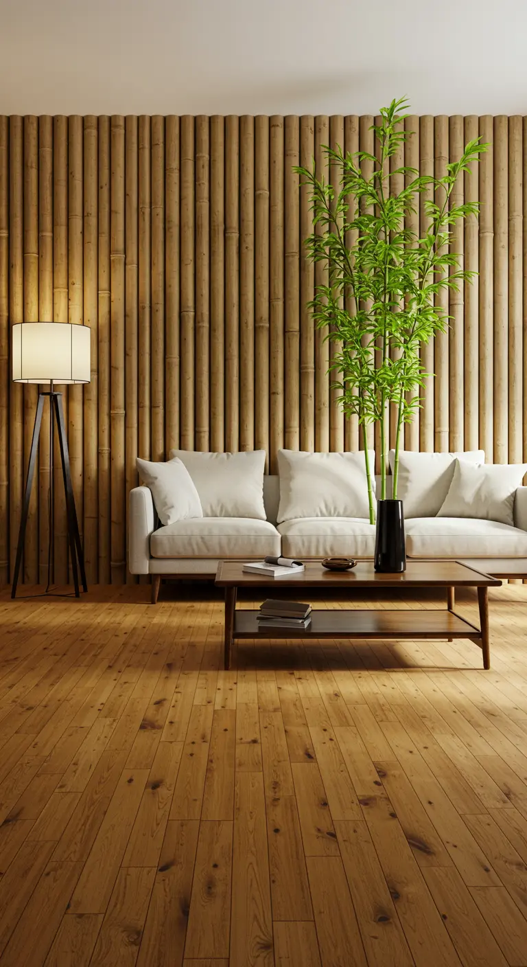 Sala de estar con una pared completamente revestida de cañas de bambú y un sofá blanco.