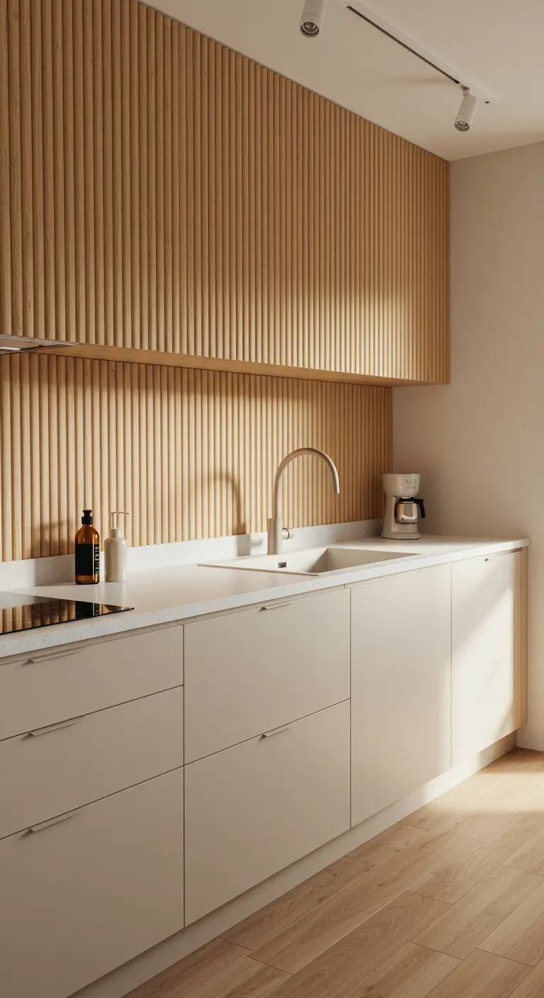 Cocina con armarios superiores y salpicadero de listones de madera vertical