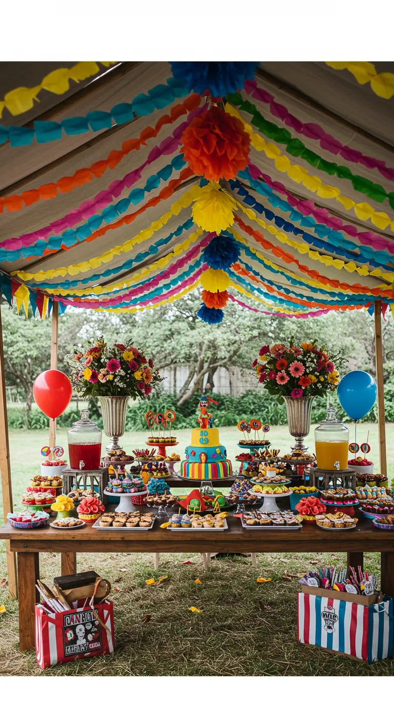 Mesa de postres bajo un dosel cubierto de guirnaldas de papel de colores y pompones.