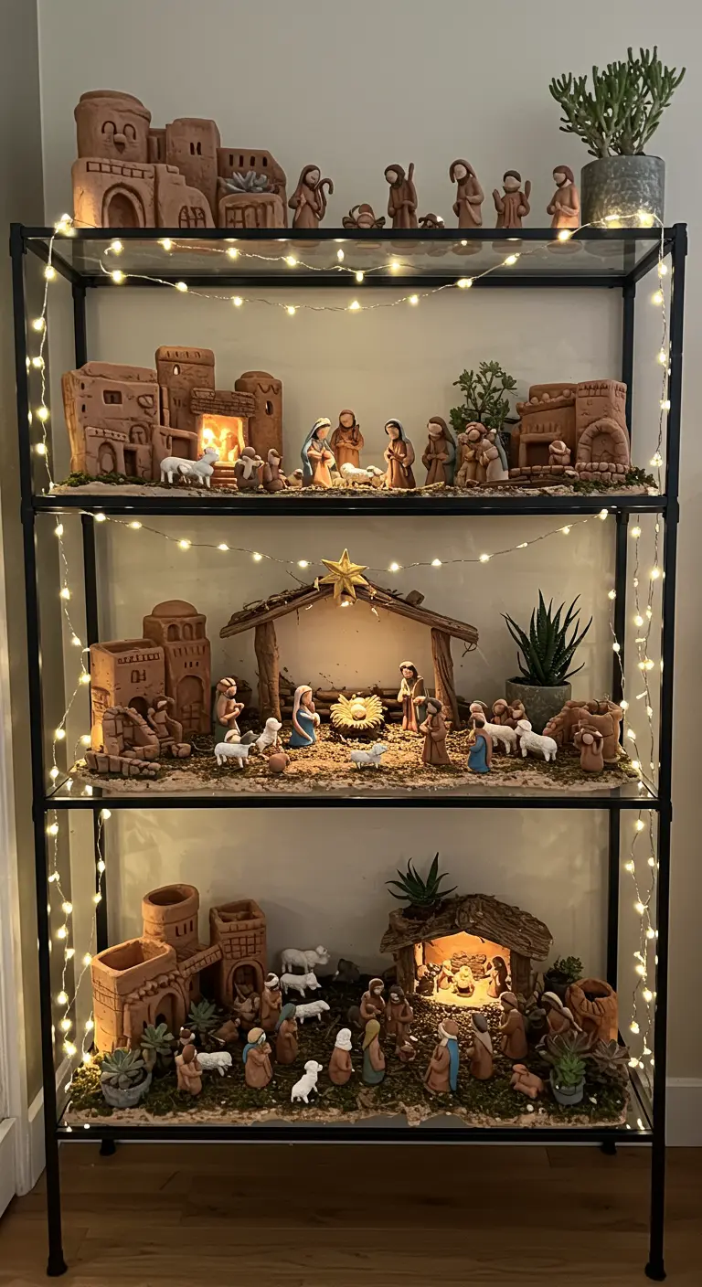 Belen de terracota distribuido en los tres niveles de una estantería negra moderna.