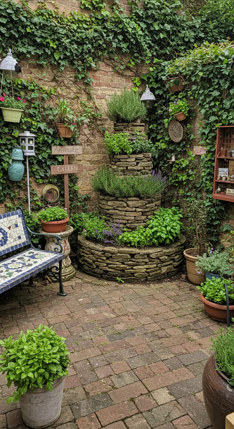 Jardinera de piedra apilada en forma de torre de varios niveles, plantada con hierbas aromáticas