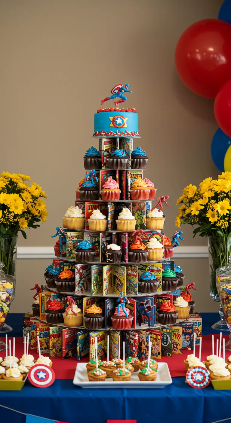 Torre de cupcakes decorada con cómics y pequeñas figuras de acción de superhéroes.