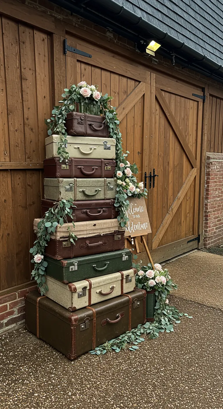 Torre de maletas vintage con guirnaldas de eucalipto y rosas en la entrada de una boda.