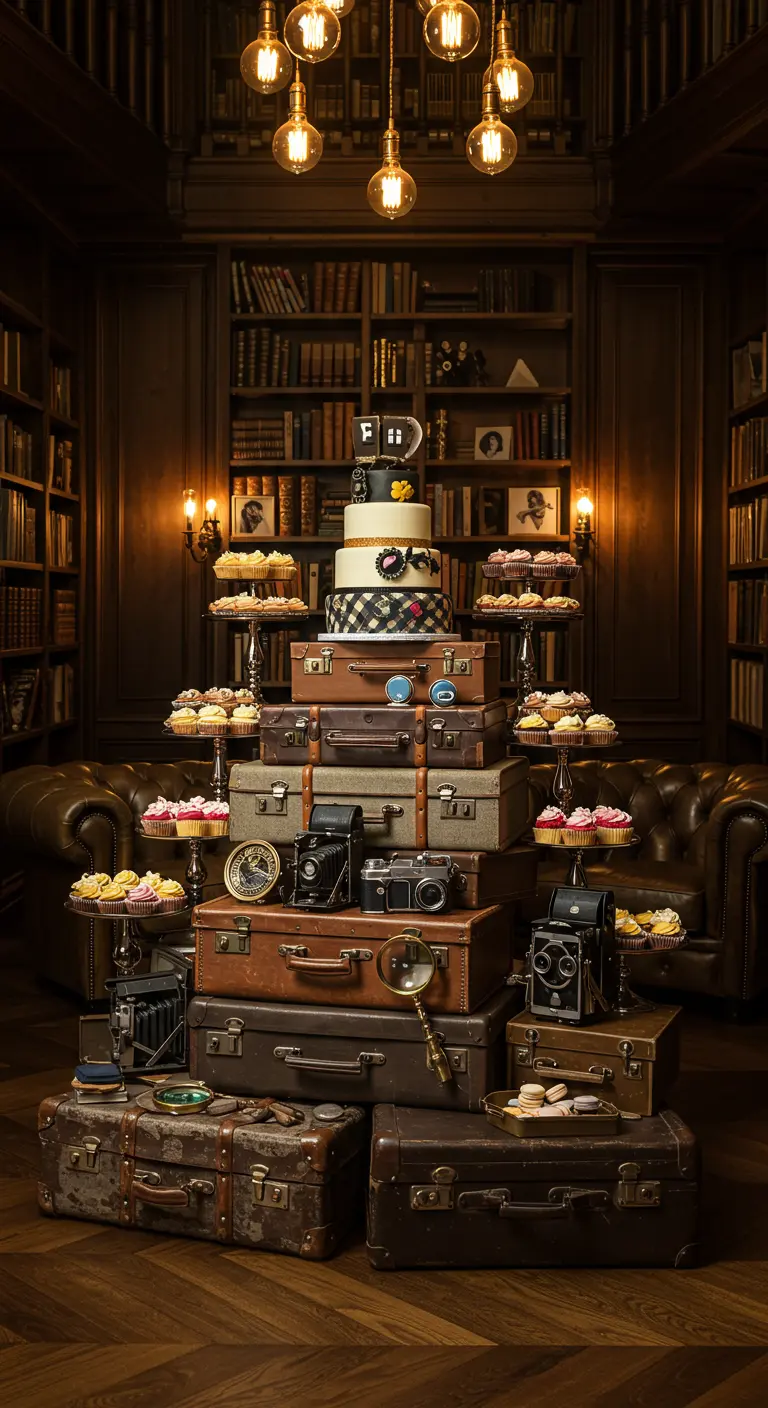 Mesa de postres espectacular creada con una pila de maletas de cuero antiguas en una biblioteca.